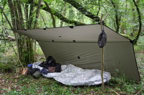 The same rig 3.5 tarp set up as a good sized, one person survival shelter