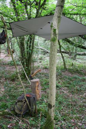 The amazing rig 3.5 set up as overhead shelter for a one person temporary workshop area